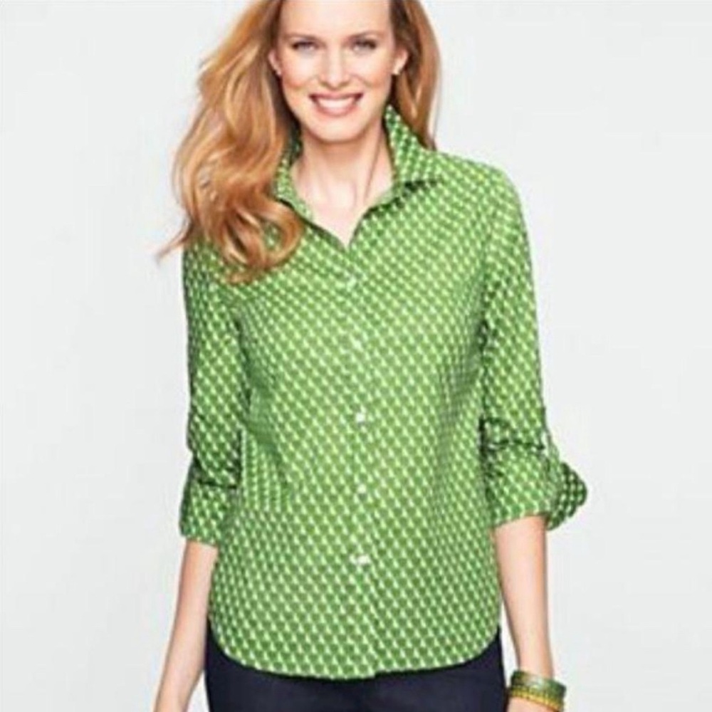 Talbots Petites Green Dog Print Cotton Button Down Shirt 14P